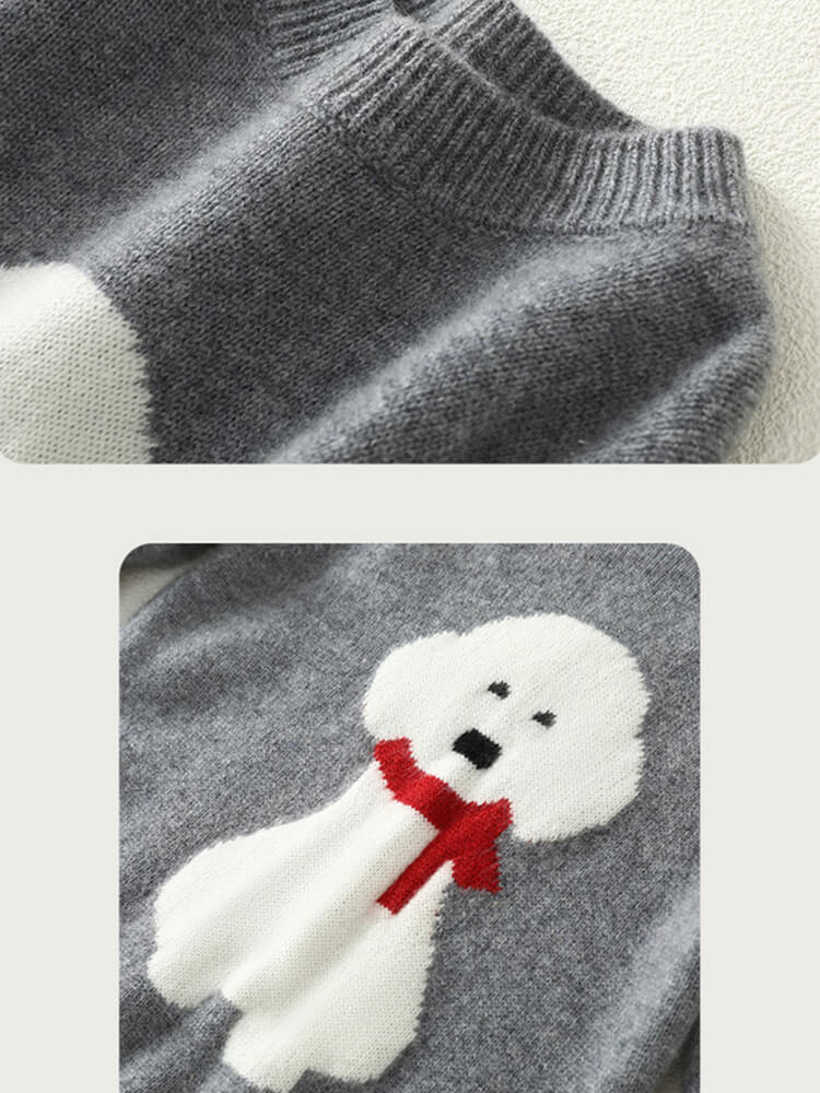 Kids Soft Puppy Intarsia Thick Cashmere Crew Neck Sweater